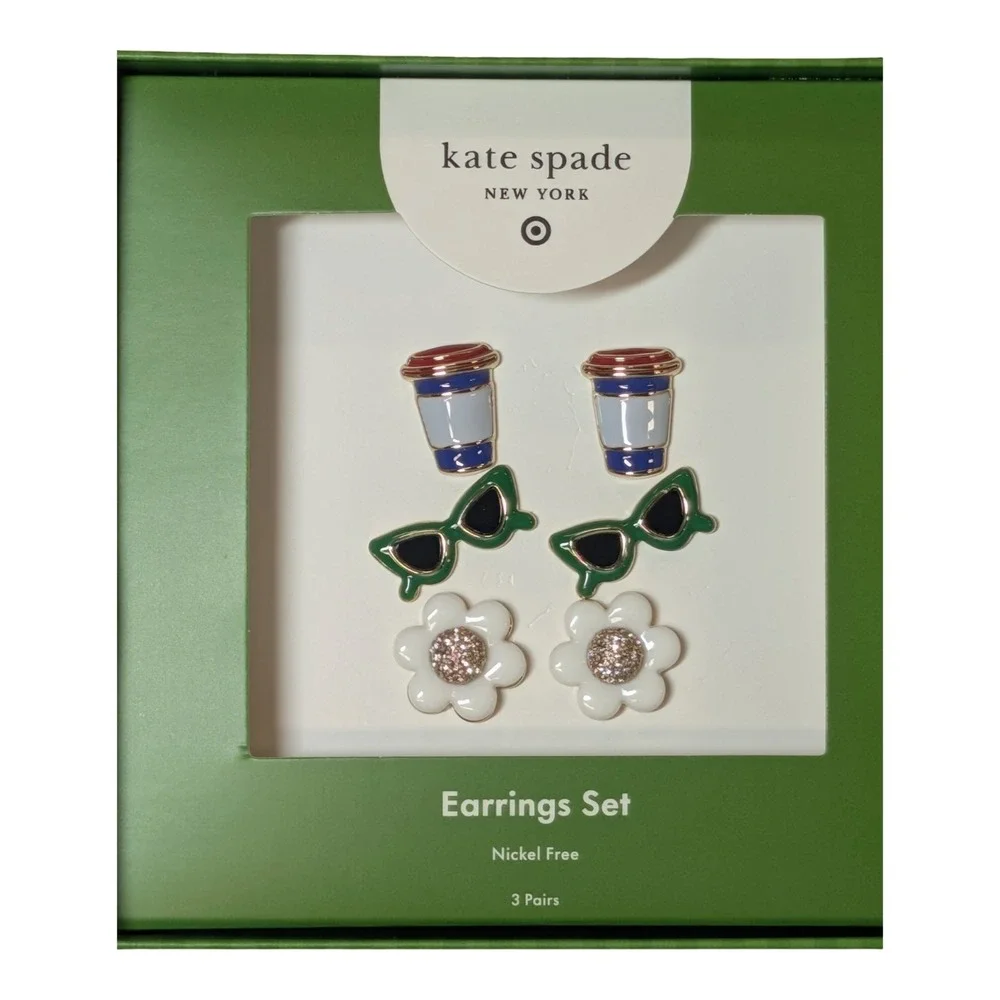 ⭐B1. Kate Spade New York Target SET 3 Stud Earrings Flower Sunglasses Coffee Cup